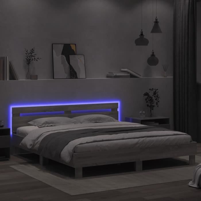 Cadre de lit - MOTHINESSTO - 200x200 cm - Bois dingénierie - LED RGB - Sonoma gris