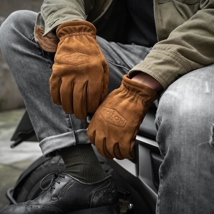 Gants de printemps en cuir veritable pour hommes SEVENTUM Vintage Marron avec fourrure et doigt complet