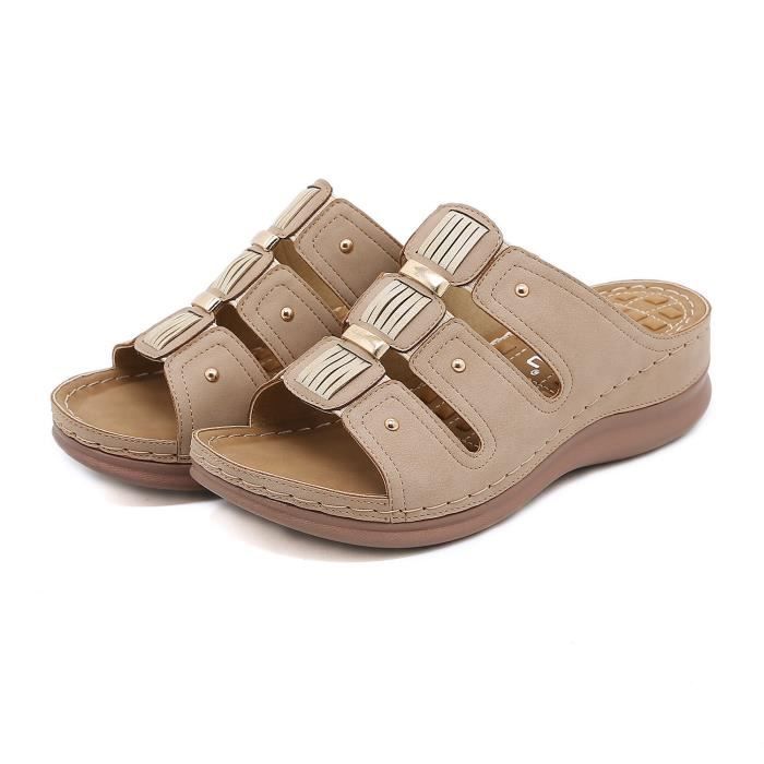 Sandales Compensées Cuir Femme – Bout Fermé, Talon Incliné Antidérapant, Confort Orthopédique, Mules D’Été Légères