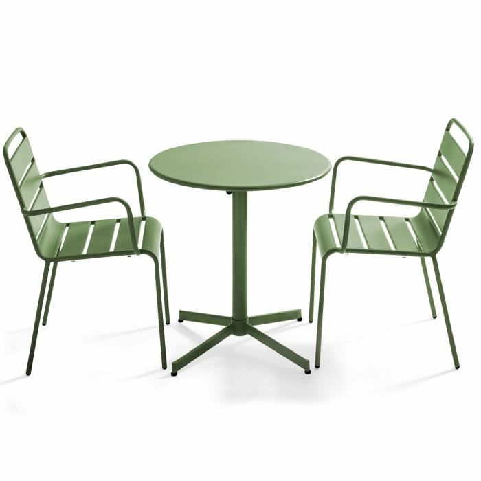 Ensemble table de jardin bistrot rabattable et 2 fauteuils - OVIALA - Palavas - Acier - Vert - 70 x 72 cm
