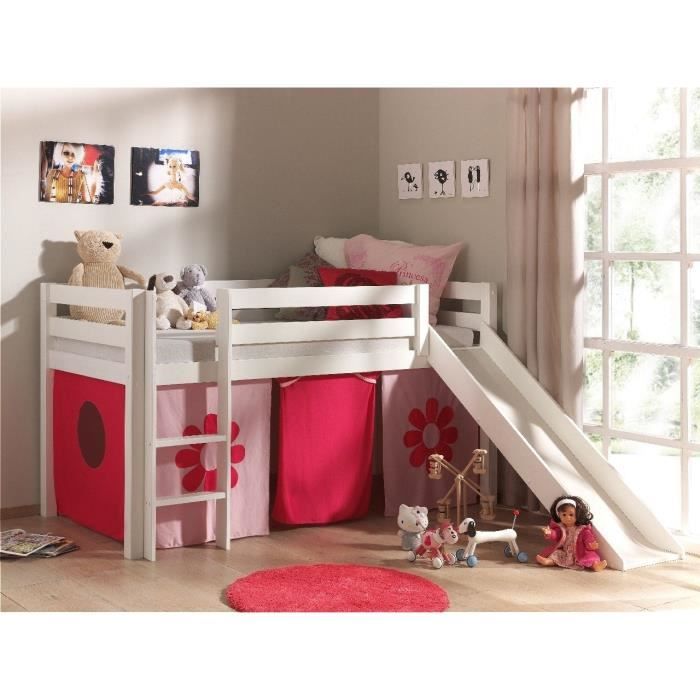Lit enfant mezzanine toboggan PINO - Vipack - Blanc - Housse Pink Flower - Normes EN747-1&2