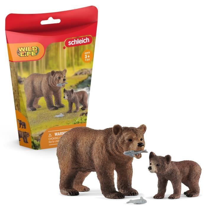 figurines maman grizzly avec ourson - schleich 42473 wild life - set de jouets animaux durables