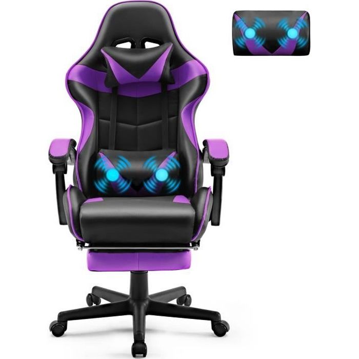 soontrans chaise gaming,fauteuil de bureau gamer ergonomique avec appui-tête et oreiller lombaire de massage,hauteur réglable,violet