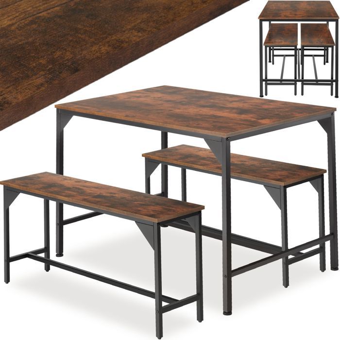 Ensemble table et chaises - TECTAKE - Ensemble de dîner BOLTON avec 2 bancs résistants au style industriel et 1 table - Bois foncé