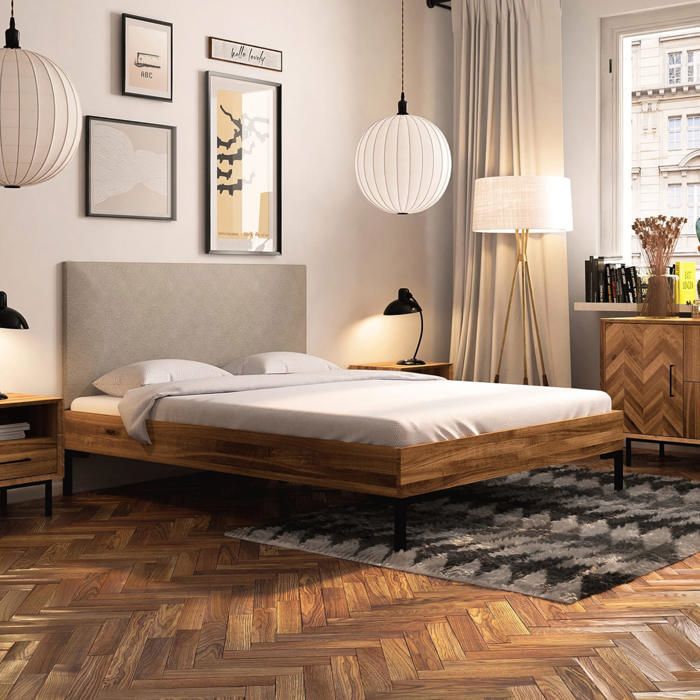 Lit en chêne massif clair 140x190 avec pieds en métal - LT36001 - Bois clair - Terre de Nuit