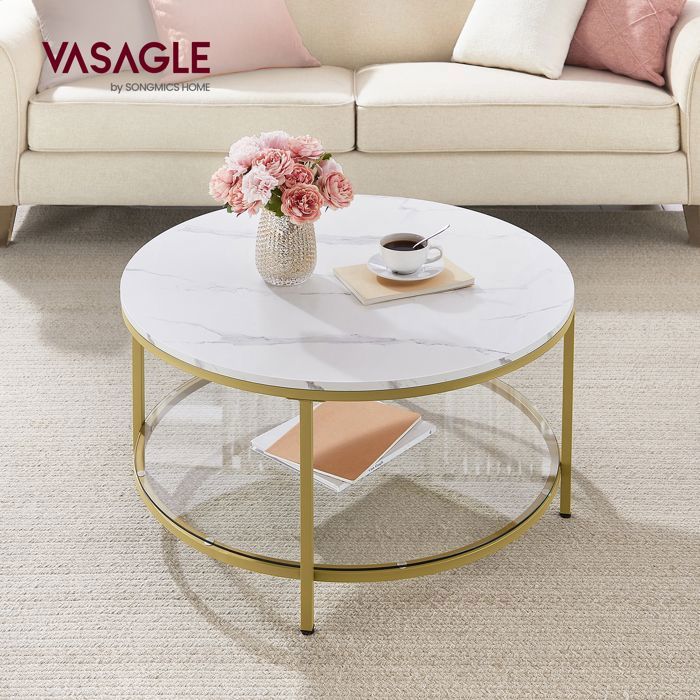 VASAGLE Table Basse Table de Salon Façon Marbre Support en Verre Trempé Facile à Assembler Blanc Marbré et Doré Métallique