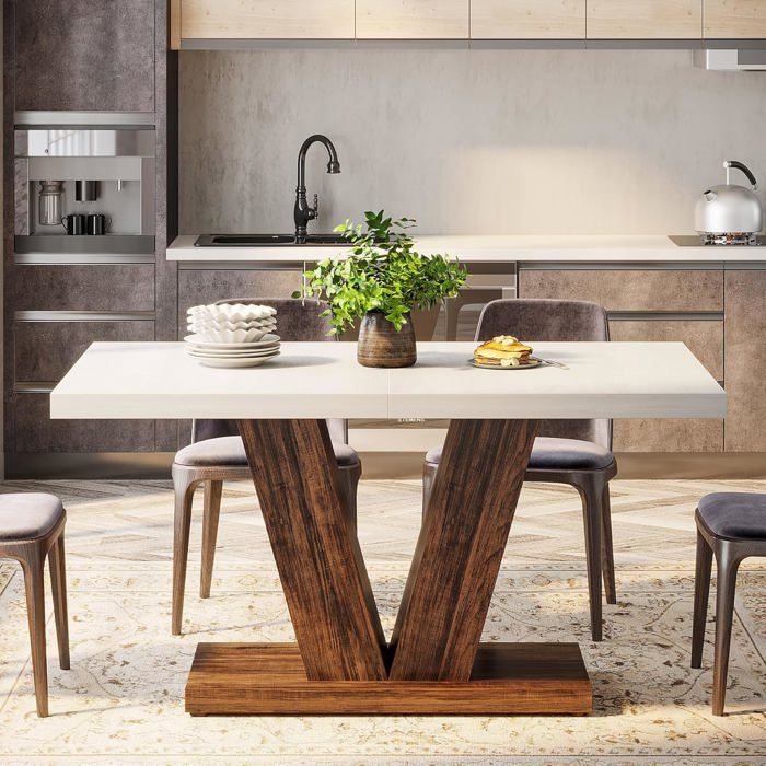 Table à Manger Rectangulaire Pour 4 Personnes 120x80 Cm - En Bois, Base En V, Blanc, Pour Salle à Manger Ou Cuisine - 4