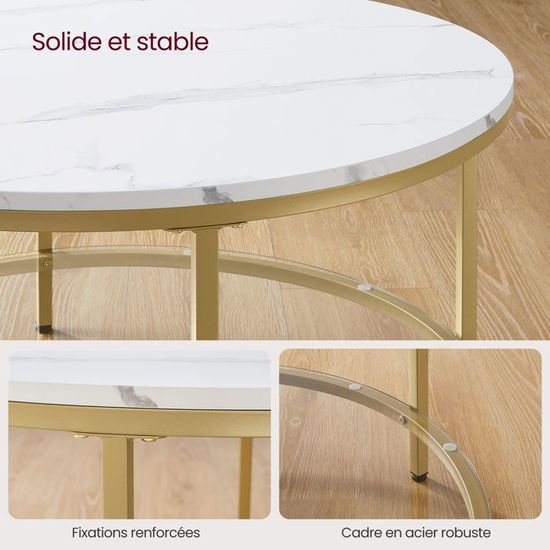 Table Basse VASAGLE Style Marbre - Plateau Blanc Marbré, Pieds Dorés Et étagère Verre - Design Moderne