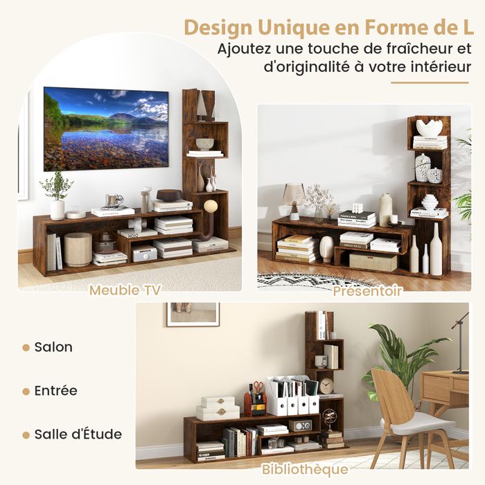 Meuble TV Console 3 Étagères COSTWAY – Style Industriel Rustique, 108 Cm, Support TV Jusqu'à 50 Pouces
