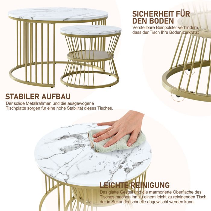 Tables Gigognes Rondes Design - Blanc Et Or, Grande 80x45 Cm Et Petite 60x33 Cm - En MDF Et Métal Pour Salon Moderne