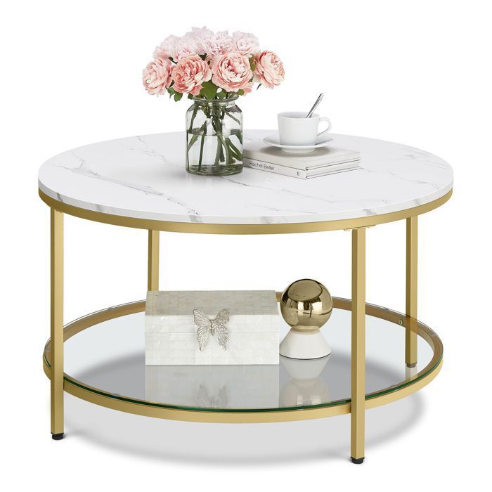 Table Basse Ronde Liink1Ga - Plateau Marbre Synthétique Blanc, Pied Doré Champagne - 80x80x45 Cm