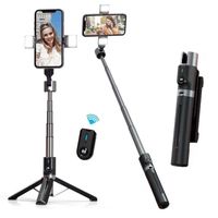 Perche à Selfie 114 CM avec Trépied Amélioré - Lumière d’Appoint 2 LED - Trépied pour Téléphone avec Télécommande Détachable, Noir