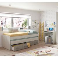 Dmora Cadre de lit avec deuxième lit gigogne avec commode, coloris blanc effet bois clair et marron, 199 x 65 x 95 cm.