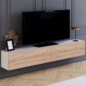 Meuble TV MALO 180 Cm - Design Bois Et Noir - 2 Placards + 4 Niches - Plateau Pour écran Jusqu'à 70 Pouces - À Monter Soi-même - 10