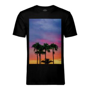 T-SHIRT T-shirt Homme Col Rond Noir Palmiers et Coucher de Soleil Multicolor Tropiques Plage