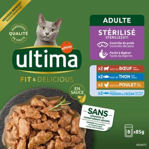 BOITES - PATÉES LOT DE 3 - ULTIMA - Pâtée pour chat Adulte Stérilisé Boeuf Thon - paquet de 8 sachets de 85 g