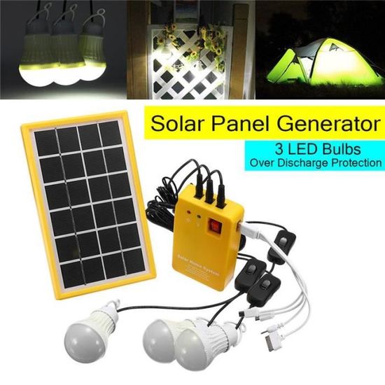 Kit Solaire D'urgence Avec Panneau 3W, Batterie 500mAh Et 3 Ampoules LED - Charge USB, éclairage Jardin, Intérieur Sans électricité