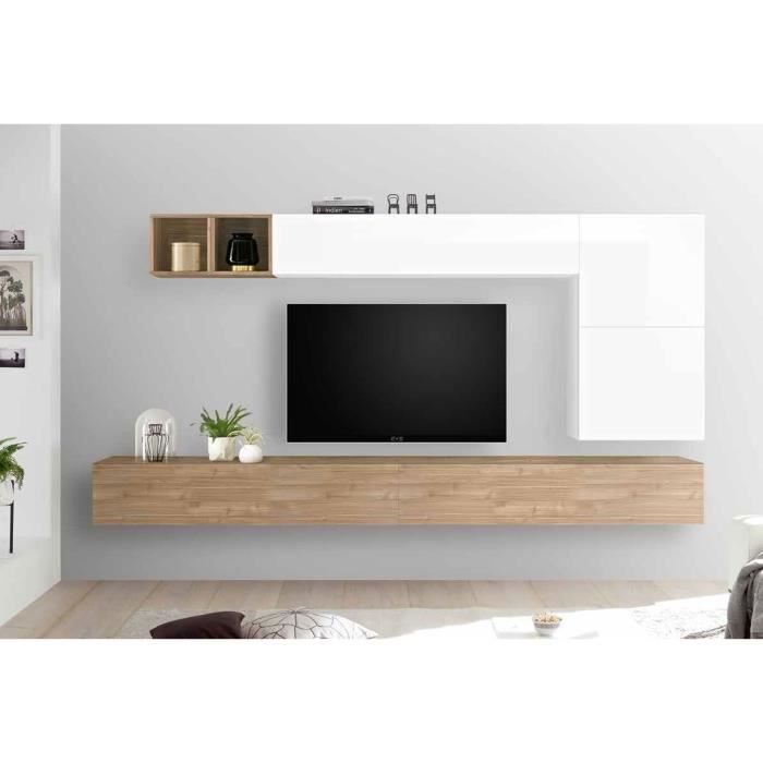 LUDOVICA 44 LAQUE BLANC ET NOYER ENSEMBLE COMPOSITION MURALE MEUBLE TV TENDANCE