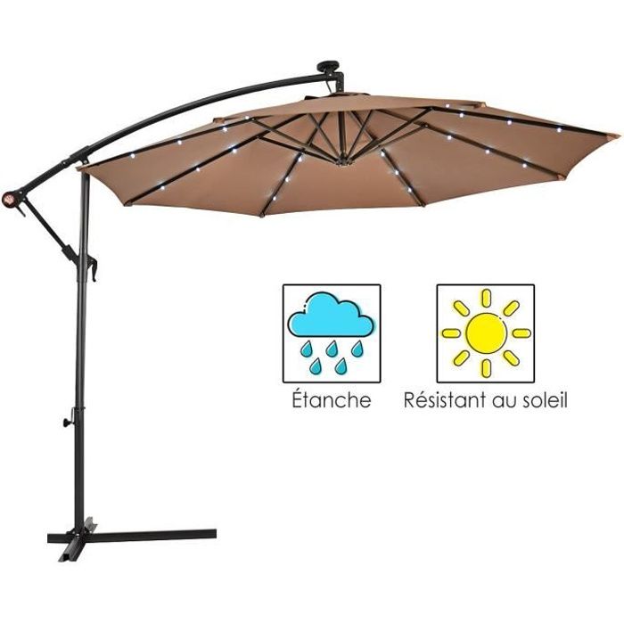 COSTWAY Parasol Déporté 3M Excentré avec 24 LED Lampe Solaire en Polyester Imperméable Hauteur 250CM avec 8 Baleines en Fer Brun