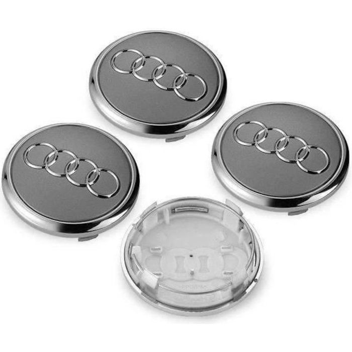 4x Centres de Roue Gris / Chromé 68mm Diamétre Emblème Audi Cache Moyeu De Roue.