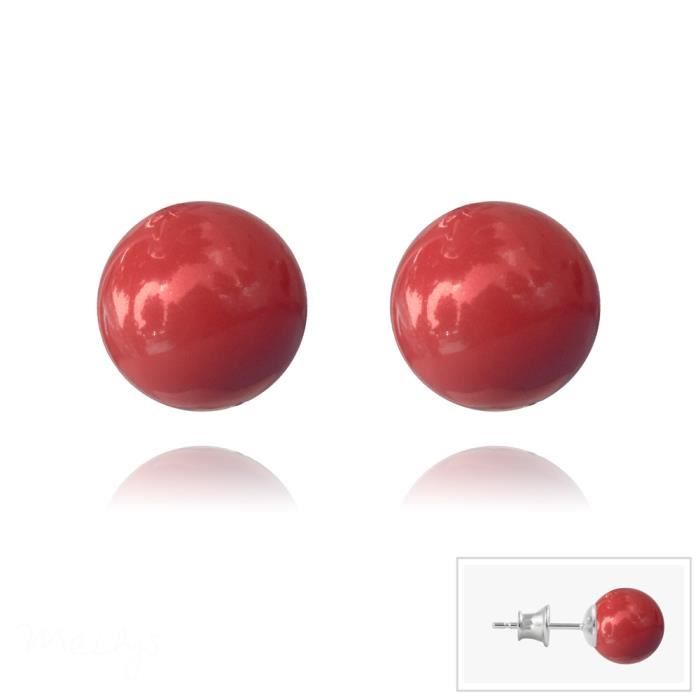 Boucles d'oreilles Clous Perle de Cristal Nacré 8 MM Red argent massif 925°°°