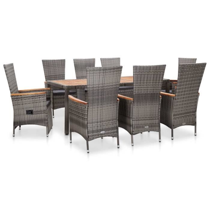 Salon de jardin 1 table AVEC 8 chaises à dossier haut avec coussins Résine tressée Gris