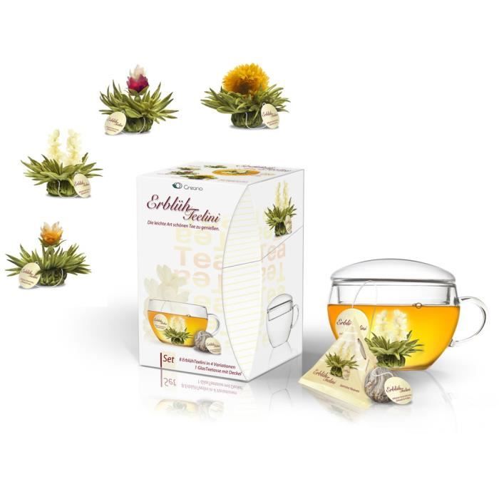 Teelini fleuri Creano, coffret cadeau fleurs de thé avec verre à thé et 8 fleurs de thé en format tasse - thé blanc