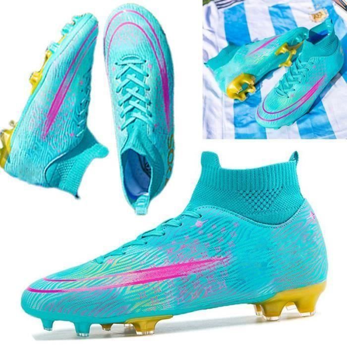 Chaussures de Football Homme High Top Spike Crampons Profession Athlétisme Entrainement Chaussures de Sport bleu