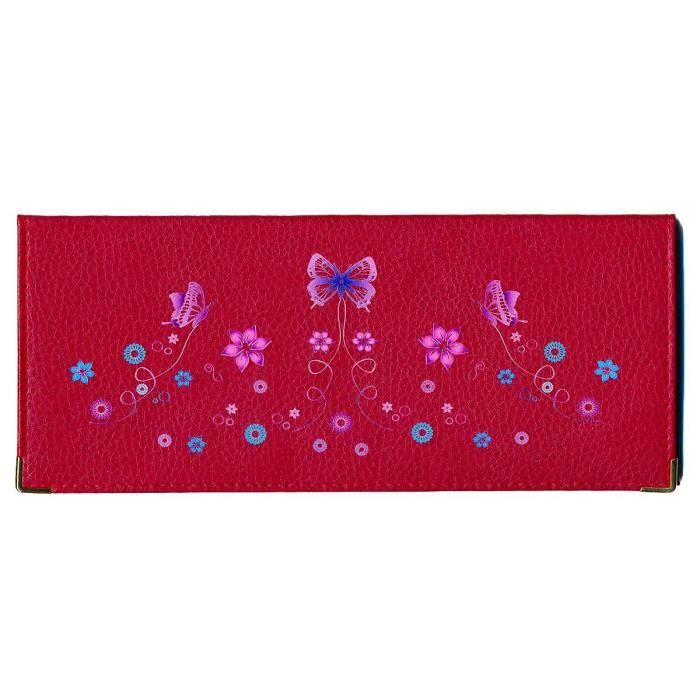 Porte chéquier long portefeuille porte carte en cuir rouge motif papillon