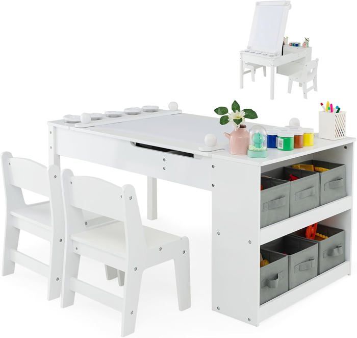 GOPLUS Table Enfant 3 Ans+ 2 Chaises-Plateau Relevable-Table dActivité-6 Bacs de Rangement-5 Pots à Peinture-Blanc