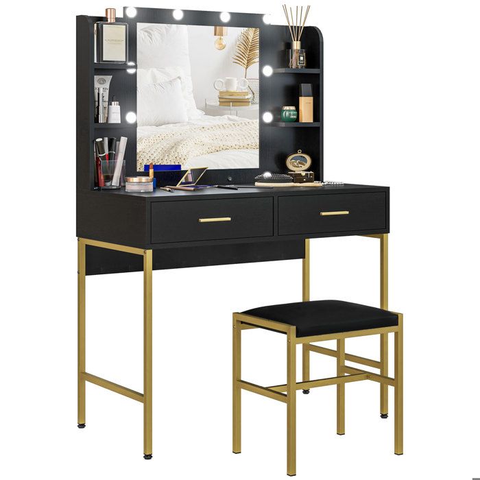 Coiffeuse avec miroir et éclairage intégré - HOMCOM - tabouret rembourré - 2 tiroirs étagères - coiffeuse moderne - noir