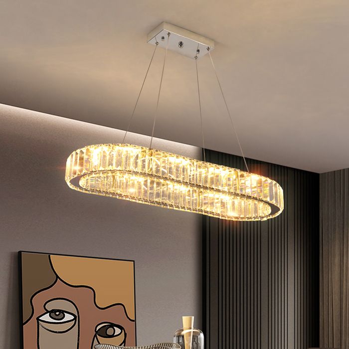 Lustre LED ovale en cristal avec variateur de lumière Lampe pendante Cuisine Télécommande