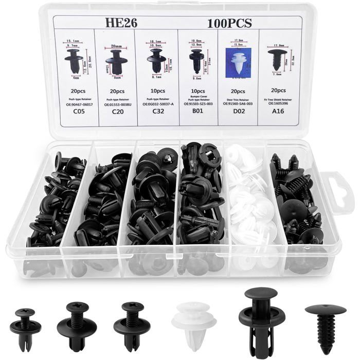 100 Clips De Rétention Auto - Kit Plastique ABS Avec Outil De Dépose Pour Pare-chocs Et Ailes