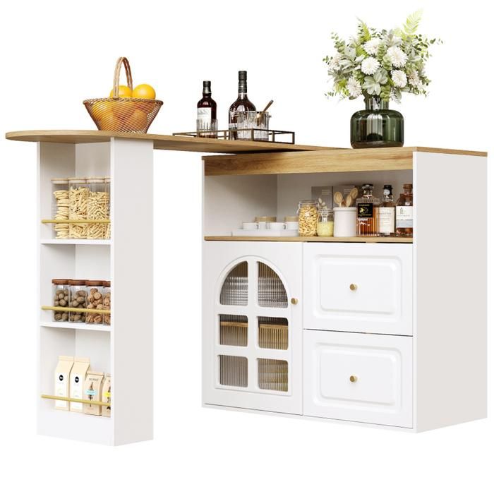 Buffet de cuisine Barre à manger pivotant 360° 2 tiroirs compartiment de rangement ouvert avec étagères et verre bombé blanc