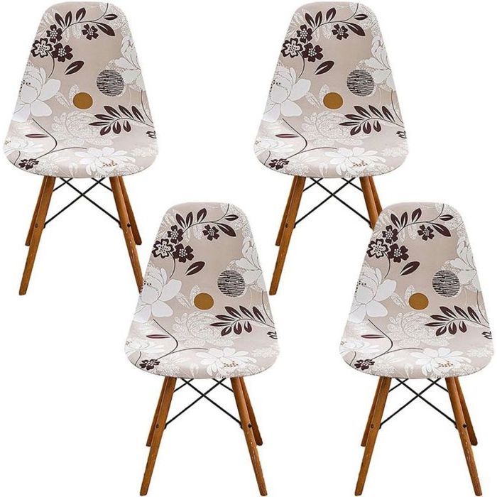 NEWRGY-4Pcs Housse de Chaise Scandinaves Extensible Housse de Chaise de Salle à Manger Polyester Motif rétro beige