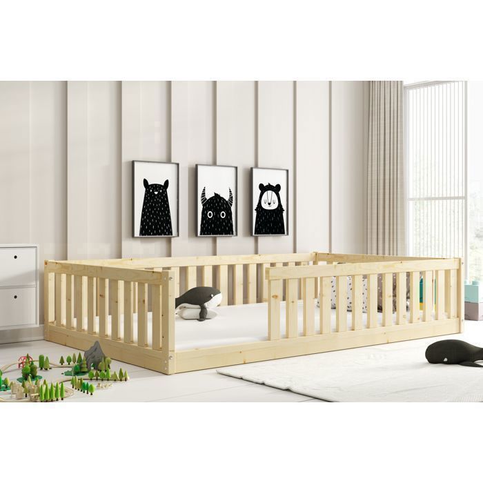 Lit au Sol Enfant 120x200 Bella - Naturel - en Bois Massif Pin avec Barrière de Sécurité Anti-chute et Sommier à Lattes-Montessori Lit au Sol Enfant 120x200 Bella - Naturel - en Bois Massif Pin avec Barrière de Sécurité Anti-chute et Sommier à Lattes-Montessori