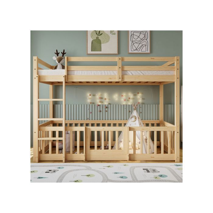 Lit superposé 90x200 cm - Bois massif - Escalier angle droit - Naturel - Lit enfant