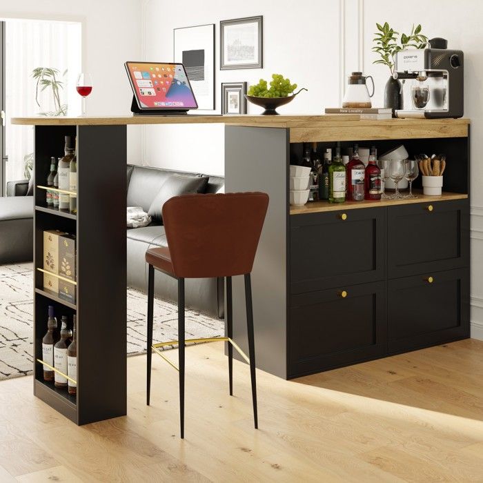 Table de Bar Pivotante 360°-4 Tiroirs et Étagères de Rangement-Design Multifonction Noir-Salon Salle à Manger Bureau Table de Bar Pivotante 360°-4 Tiroirs et Étagères de Rangement-Design Multifonction Noir-Salon Salle à Manger Bureau