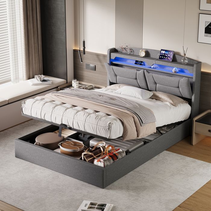 Lit 140x190 CM avec Sommier cadre de lit coffre 140x190 cm avec LED et USB Cadre de Lit lit adulte 2 Personnes tissu en