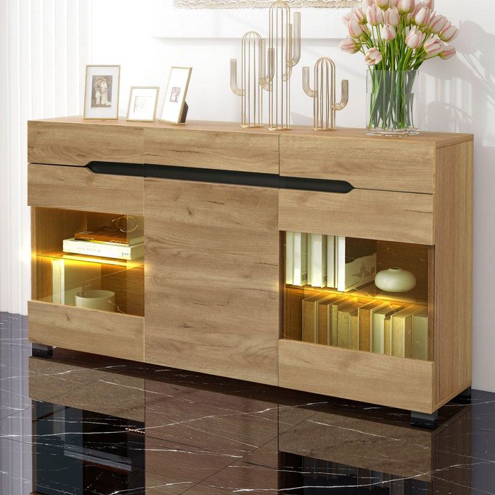 Buffet avec éclairage LED portes en acrylique transparent trois portes et trois tiroirs meuble de salon moderne finition en bois