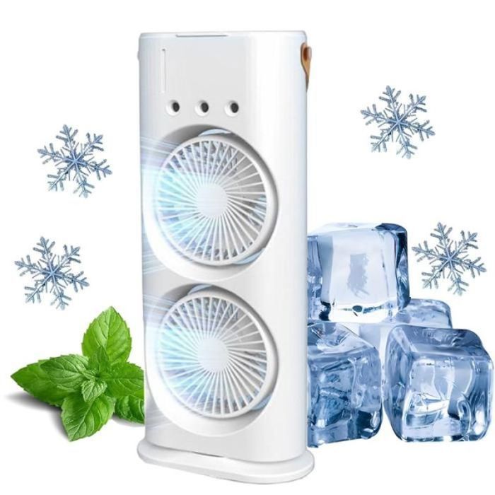 Ventilateur double portable 3 en 1 brumisateur rechargeable avec télécommande réservoir de 400 ml 3 têtes de pulvérisation Blanc