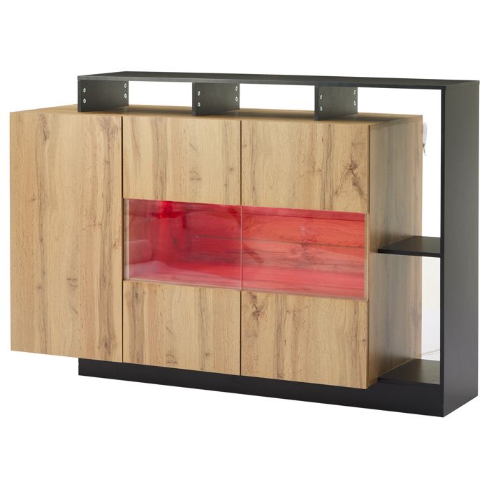 Buffet Multifonction LED - Contrôle Bluetooth et Éclairage Intégré MDF et Acrylique Bois Naturel 120 x 30 x 94 cm