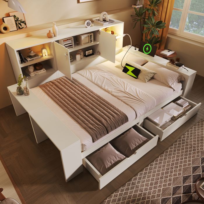 Bladez - Lit en bois 140x200 cm lit double avec USB-C tiroirs rangement et lampe bois pour adolescent - blanc