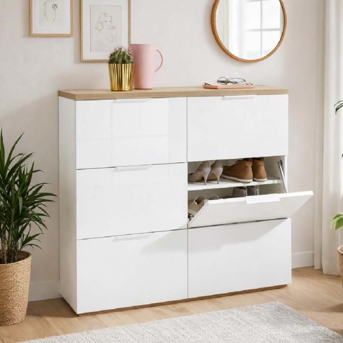 Meuble à chaussures SELDIR 120x102h cm en bois blanc et chêne avec 6 abattants Meuble à chaussures SELDIR 120x102h cm en bois blanc et chêne avec 6 abattants