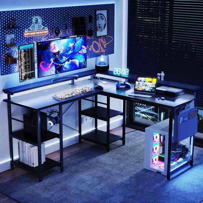 Bureau gaming d’angle noir carbone RGB avec support écran prises USB Type-C rangement
