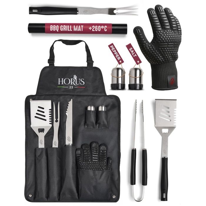 - Kit Barbecue Professionnel en Acier INOX avec Tablier Gant et Accessoires BBQ - Idée Cadeau Homme Barb USTENSILE BARBECUE PLANCHA