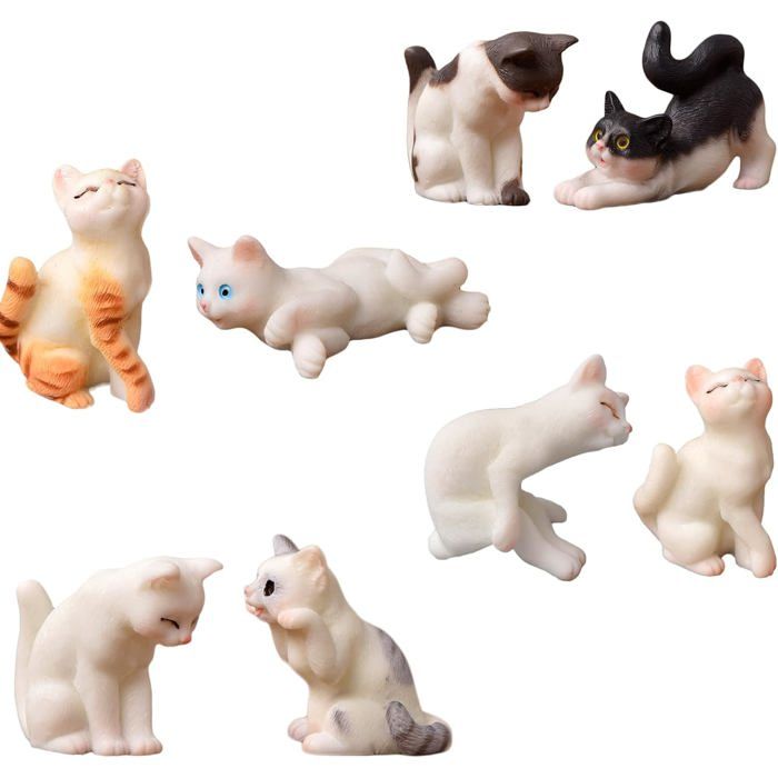 8 Pièces Figurine Chat décoration féline animaux de la forêt anniversaire chat pour bonsaï mini décoration jardin porte-clés D
