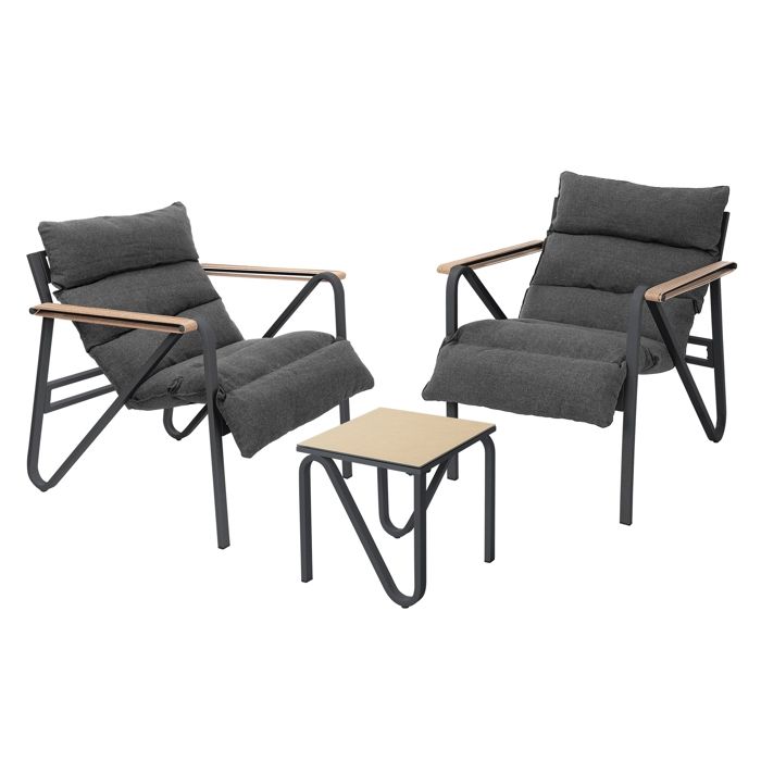 Salon de jardin 3 pièces ML-Design anthracite-gris acier/aspect bois chaises table basse coussins Salon de jardin 3 pièces ML-Design anthracite-gris acier/aspect bois chaises table basse coussins