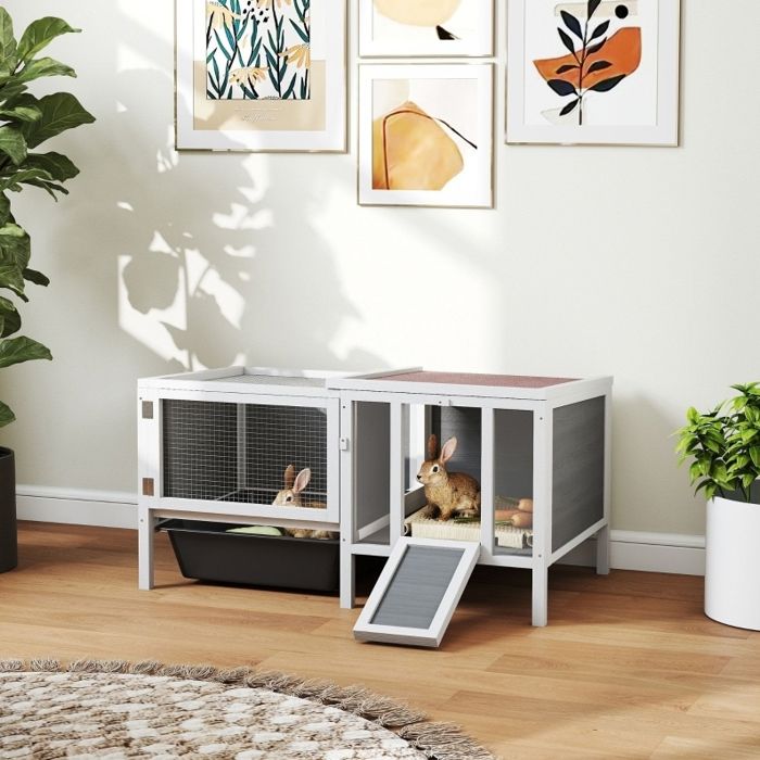 WOVREO Clapier pour lapin 105 x 57 5 x 51 5 cm avec enclos rampe 3 entrées bac coulissant gris