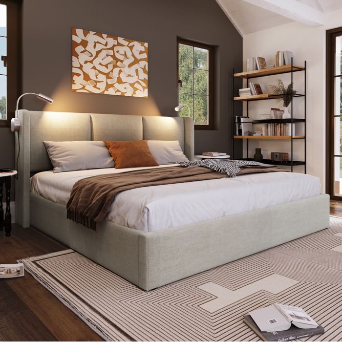 COVREO Lit coffre 140x200 cm tapissé beige avec tête de lit lampe de lecture USB et sommier